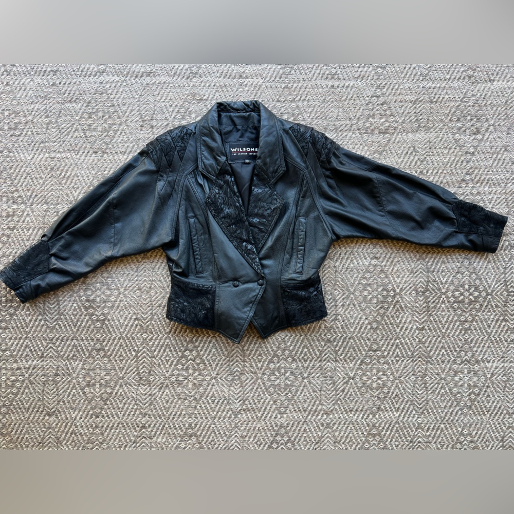 Wilsons Leather Vintage 1980s Puff Sleeve Cropped Black Leather Jacket Womens‎ L